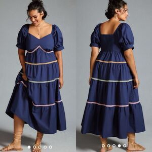 English Factory Navy Blue Midi Dress with Pink & Yellow Trim